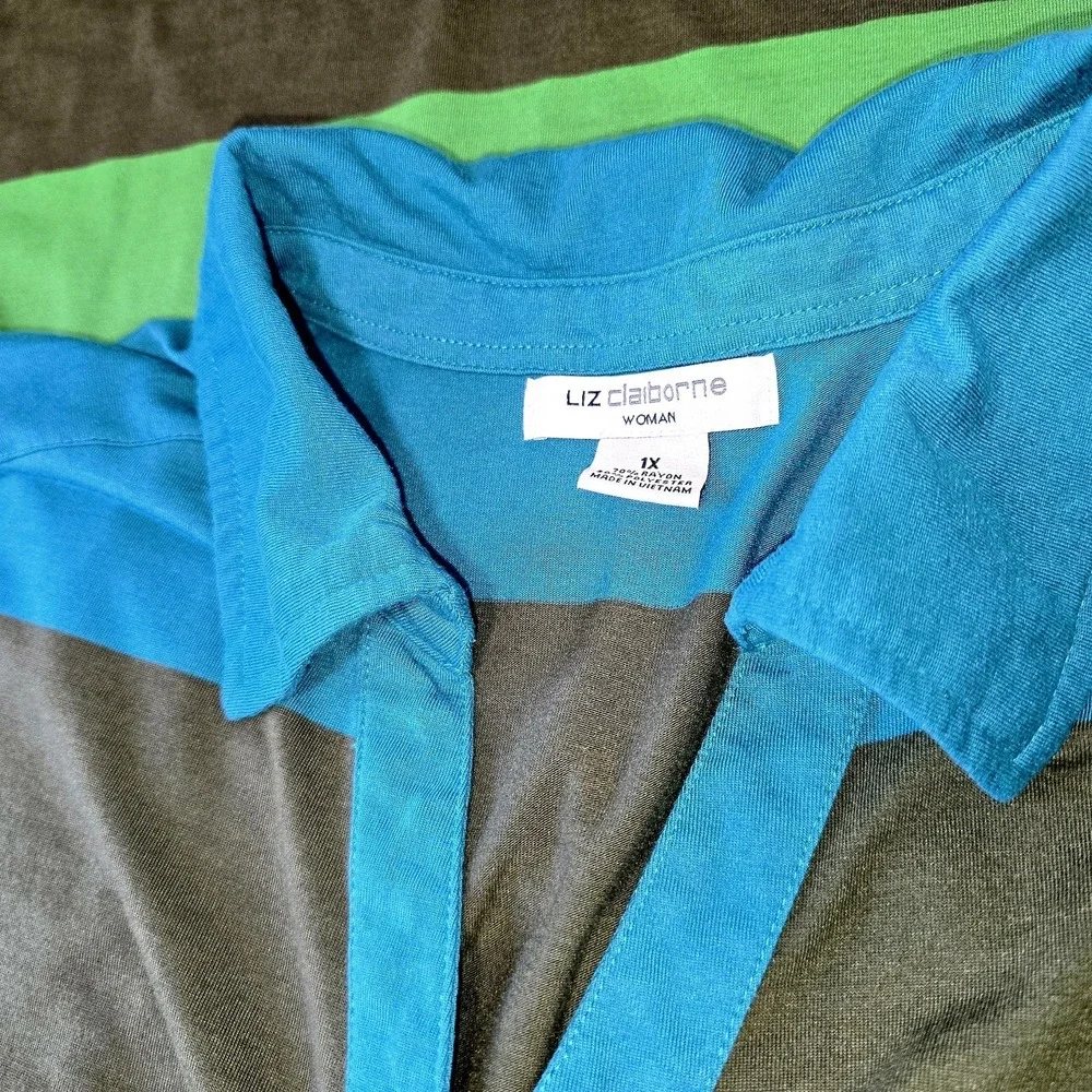 Liz Claiborne Women's Large Polo Shirt Multicolor Striped Cap Sleeve Cotton Knit